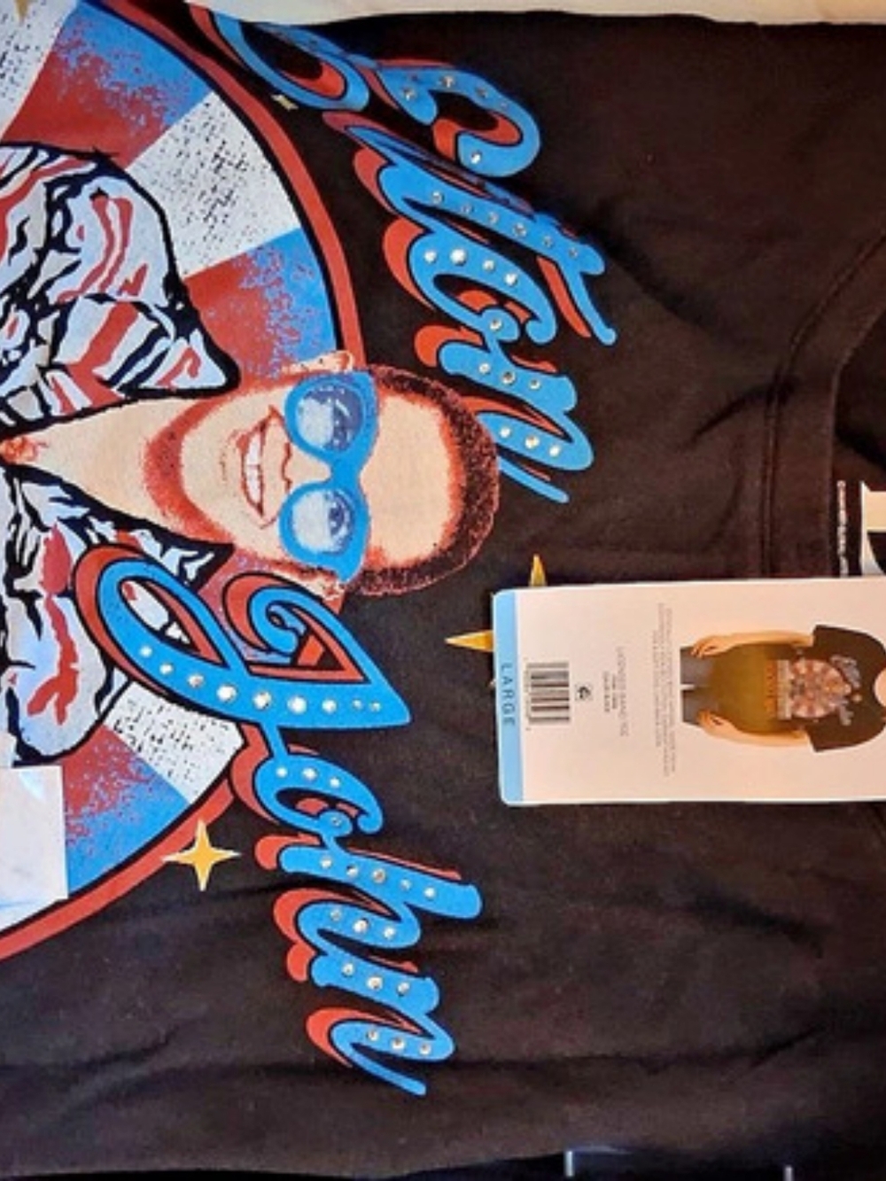 Elton John Rocket Man Rhinestone Graphic Band Tee Black & Blue Large